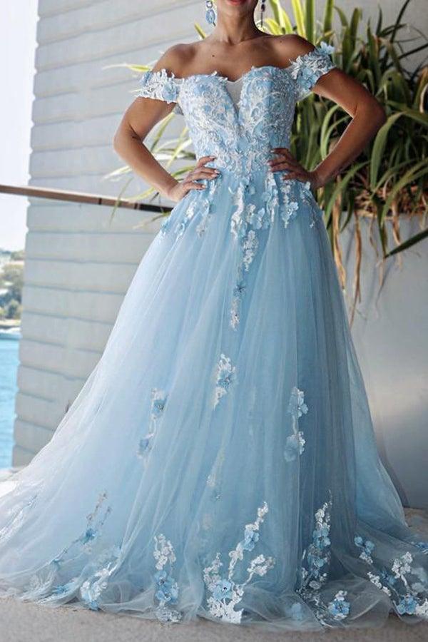 Off Shoulder 3D Flowers Applique Ball Gowns Prom Dresses