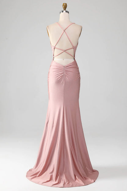 Sparkly Blush Beaded Long Mermaid Prom Dress
