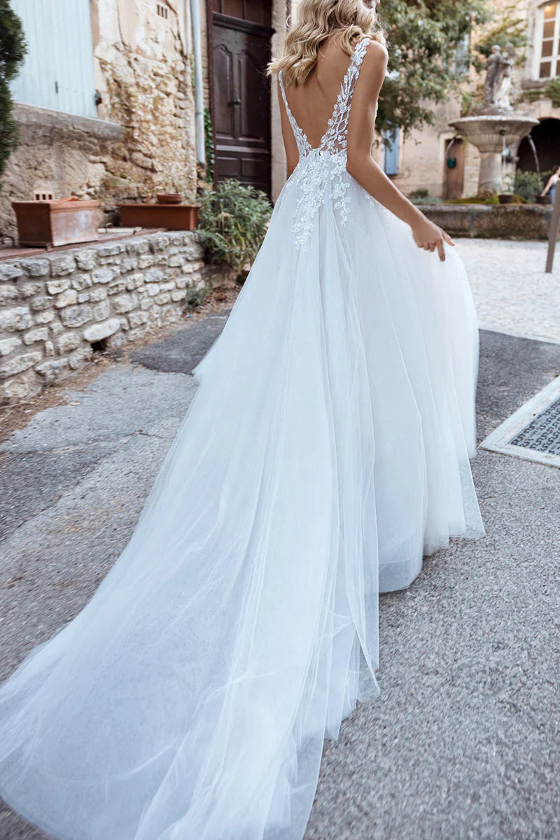 A Line Boho V Neck Lace Appliques Wedding Dress