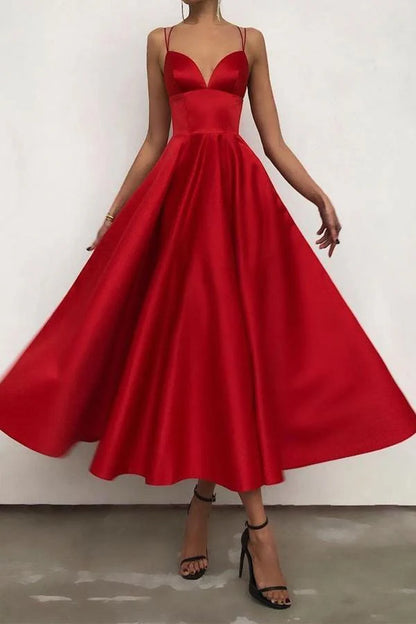 Simple V Neck Satin Tea Length Prom Dresses