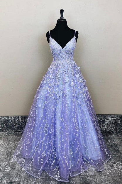 Langes Ballkleid aus Spitze in A-Linie mit V-Ausschnitt