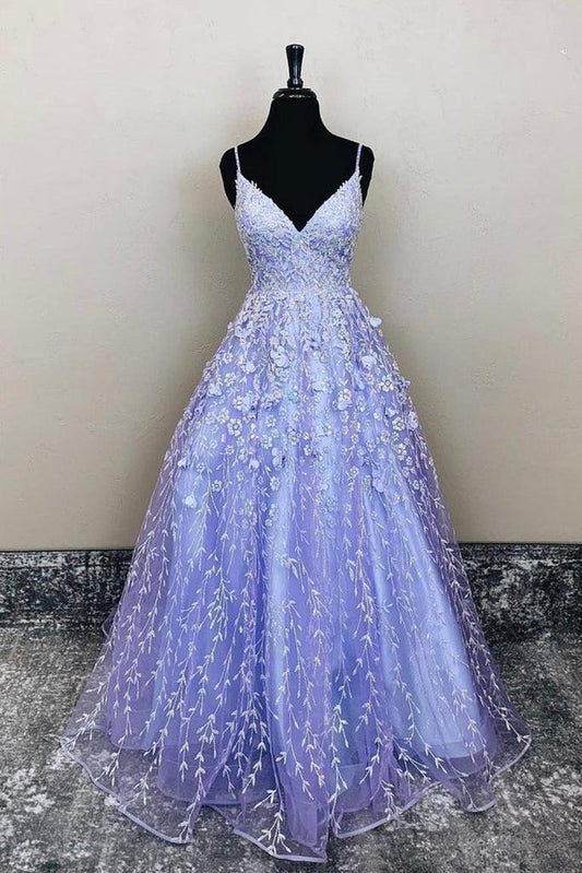 Langes Ballkleid aus Spitze in A-Linie mit V-Ausschnitt