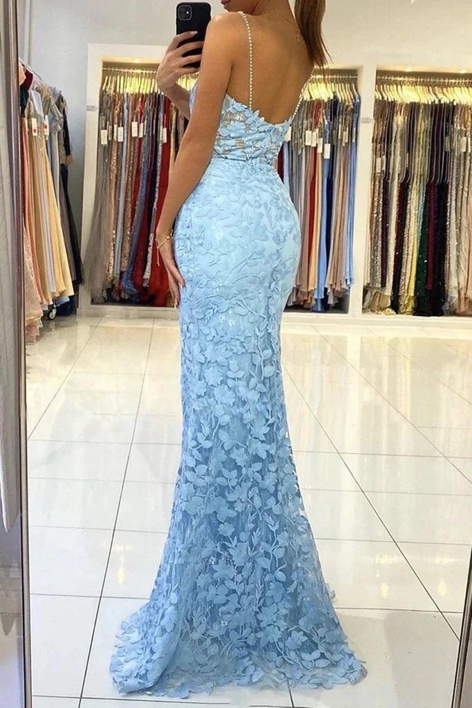 Mermaid V Neck Backless Lace Long Prom Dress