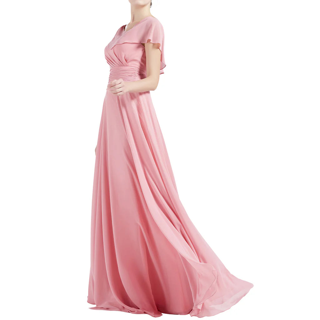 A Line Neck Ruffle Short Sleeves Wedding Bridesmaid Dresses