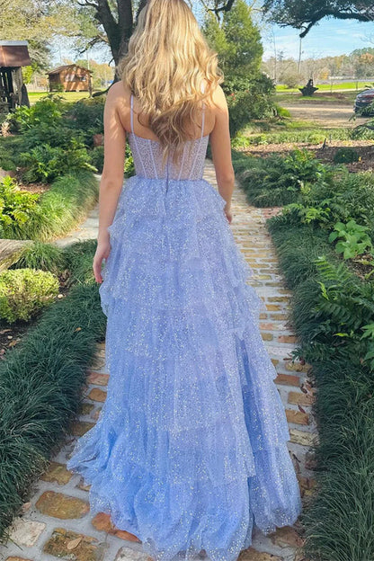 A-Linie Tüll Pailletten Rüschen Stufen Langes Ballkleid Formelles Kleid