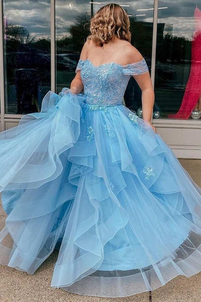 A-Linie Tüll Off-the-Shoulder Stufenkleid Hellblau Ball-/Abendkleid