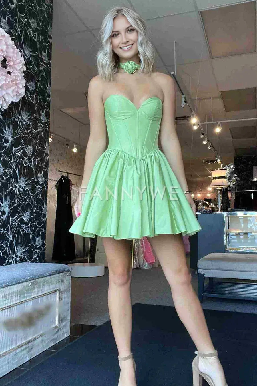 FannyWe Simple Light Green Strapless Satin Homecoming Dress with Flower formal wear dresses