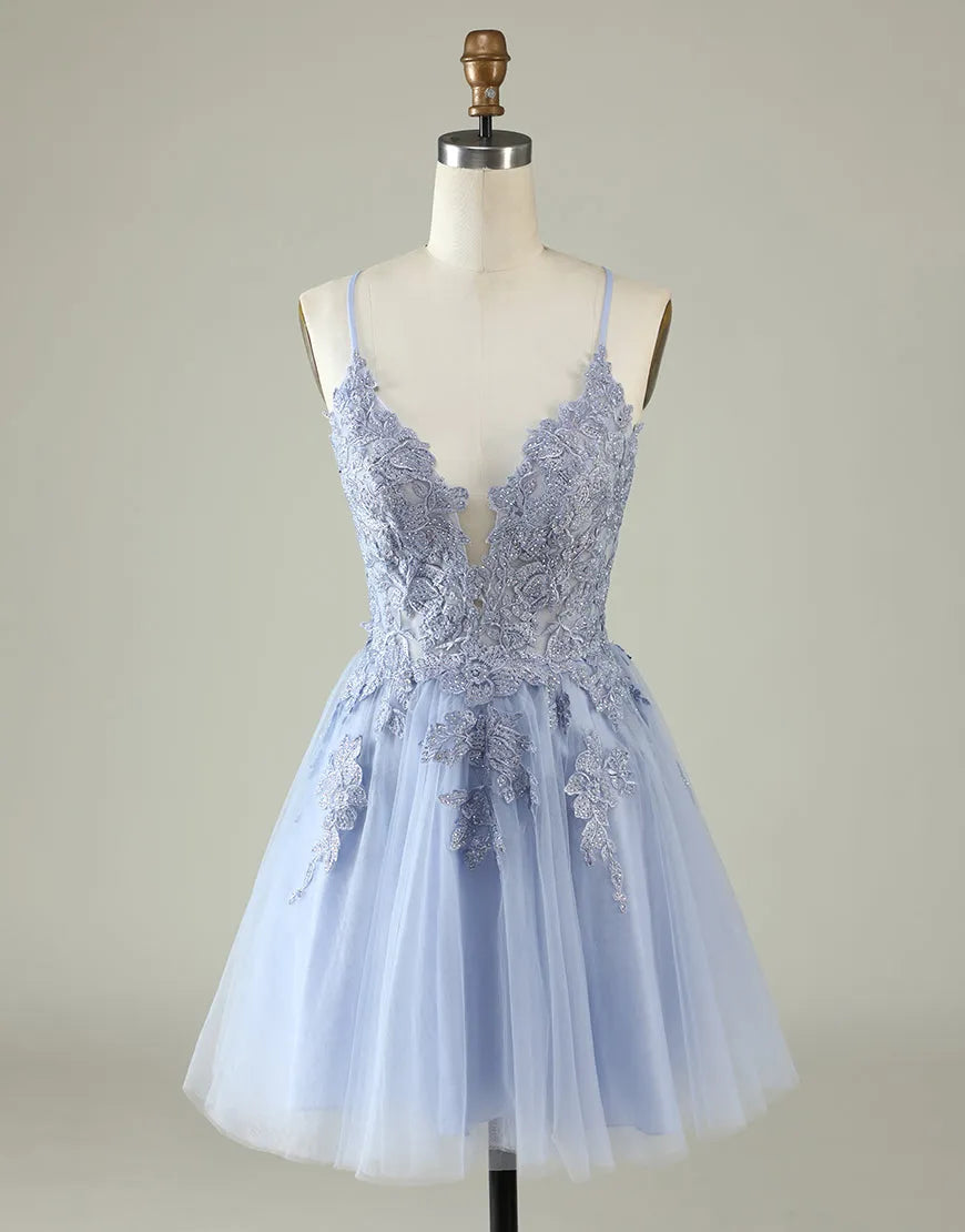 A-Line Spaghetti Straps Appliques Corset Back Tulle Homecoming Dresses