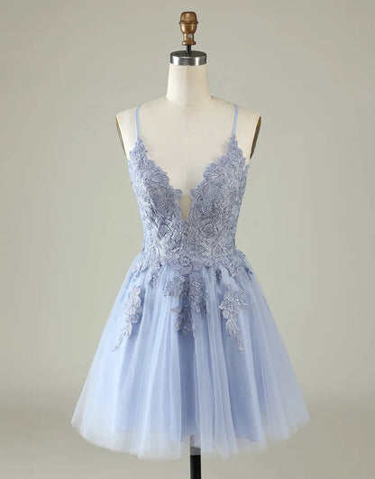 A-Line Spaghetti Straps Appliques Corset Back Tulle Homecoming Dresses