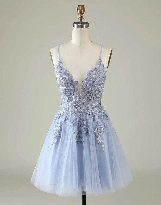 A-Line Spaghetti Straps Appliques Corset Back Tulle Homecoming Dresses