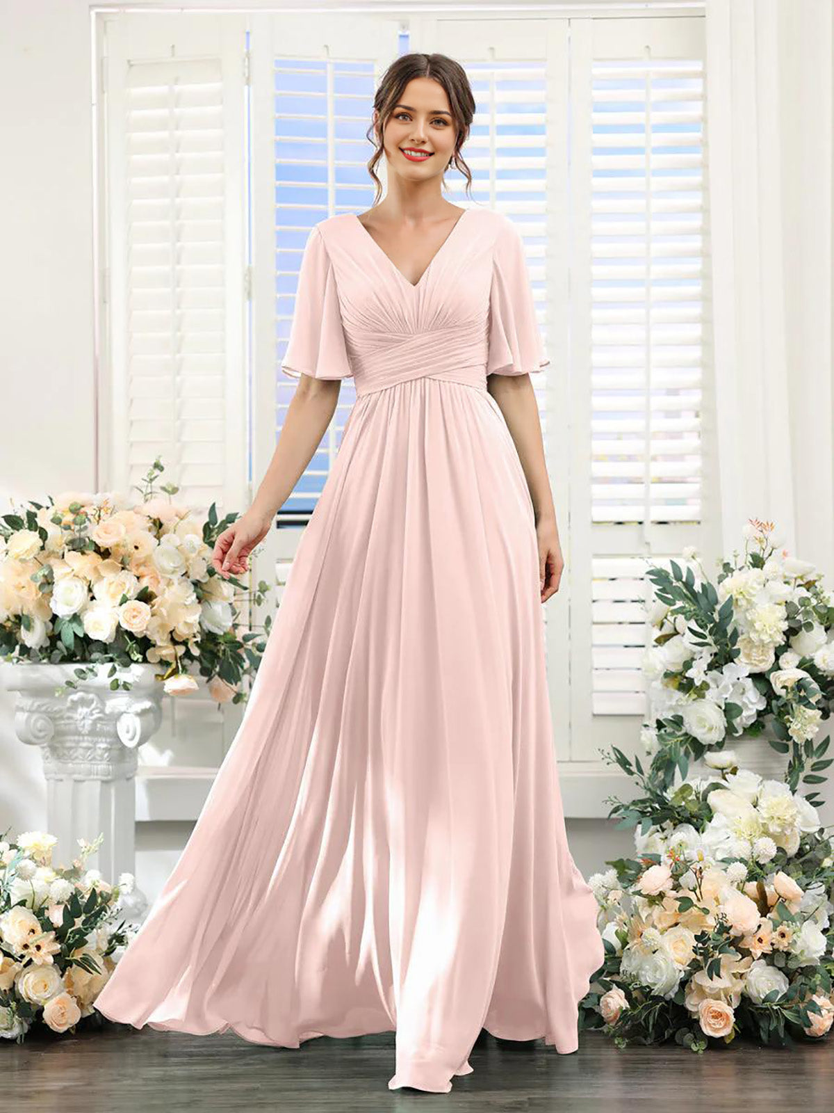 A-Linie V-Ausschnitt Ärmel Langes Chiffon Formelle Partykleider für Hochzeitsgäste Brautjungfernkleid