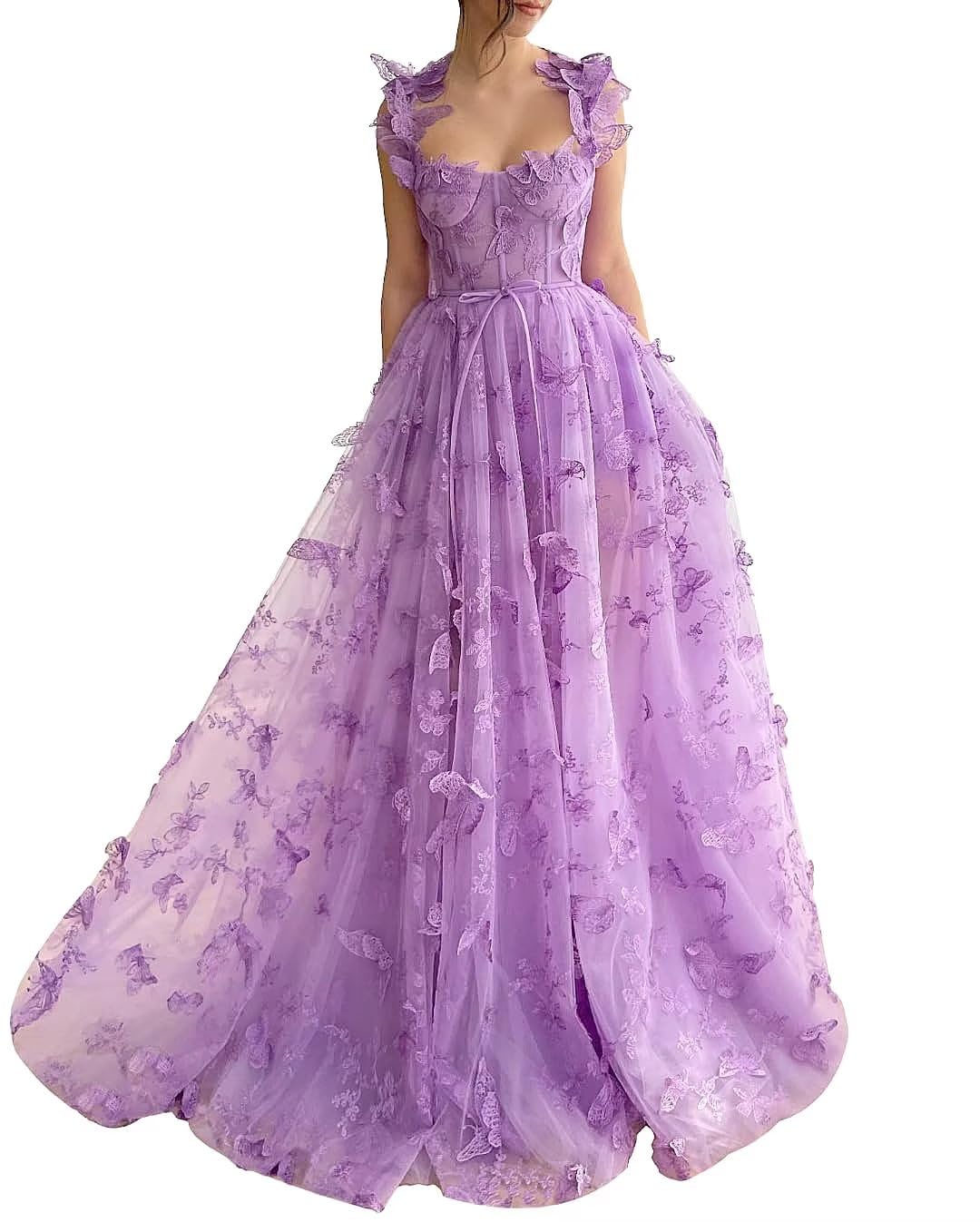 Long Tulle Prom Dress with 3D Butterflies Dress Ball Gown Evening Party Wedding Guest Formal Dress Slit