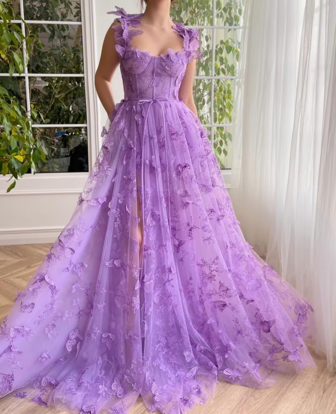 Long Tulle Prom Dress with 3D Butterflies Dress Ball Gown Evening Party Wedding Guest Formal Dress Slit