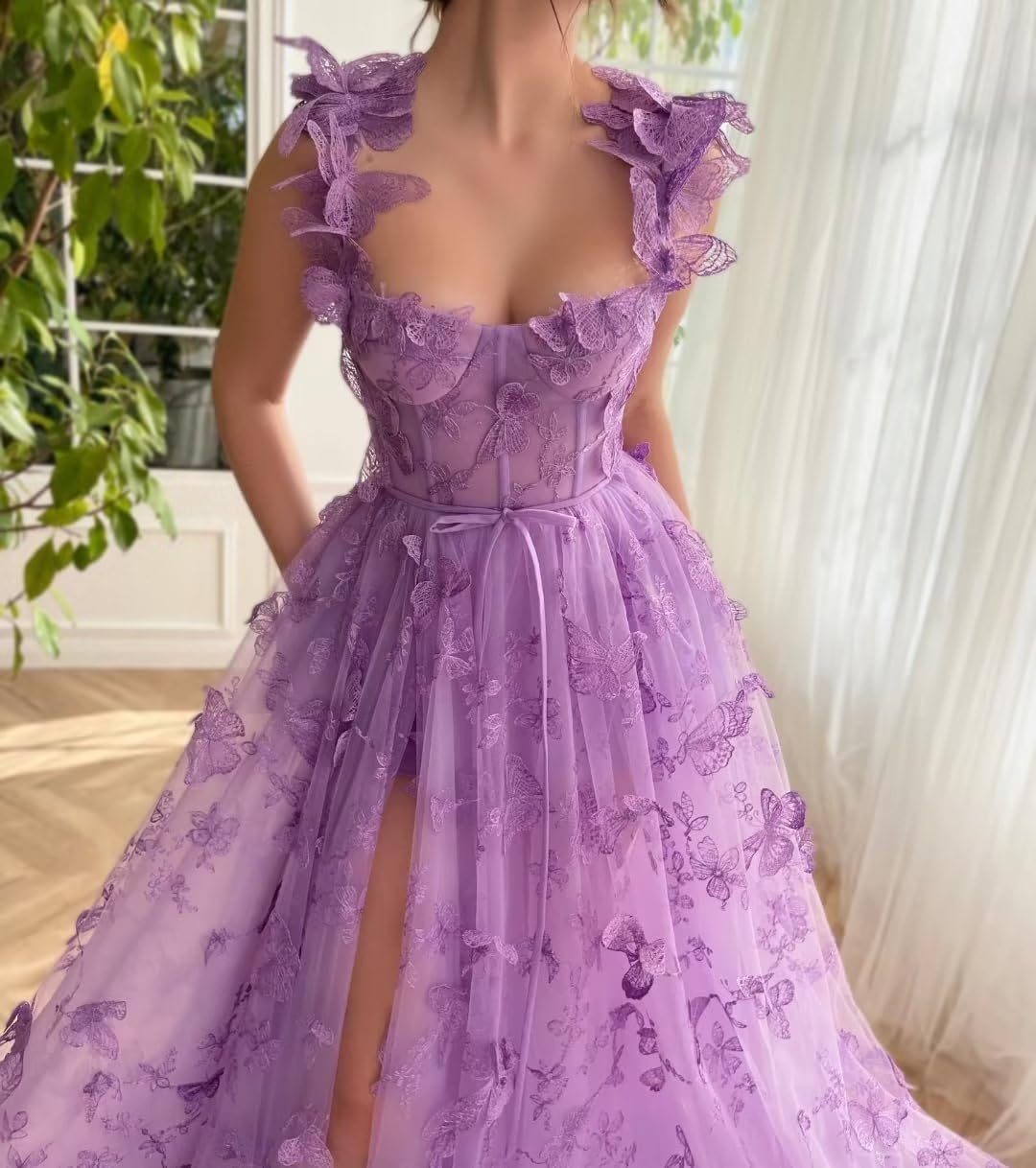 Long Tulle Prom Dress with 3D Butterflies Dress Ball Gown Evening Party Wedding Guest Formal Dress Slit