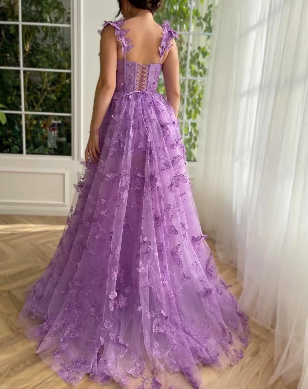 Long Tulle Prom Dress with 3D Butterflies Dress Ball Gown Evening Party Wedding Guest Formal Dress Slit