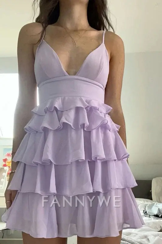 FannyWe Simple Lilac Spaghetti Straps V-Neck Layered Chiffon Short Homecoming Dress formal wear dresses