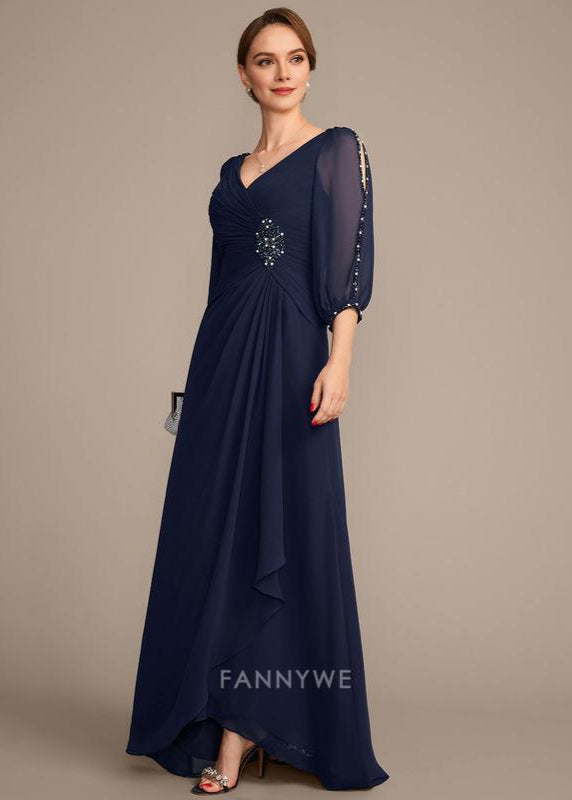 Luxury A-Line V Neck 3/4 Sleeve V back Floor-Length Mother of the Bride Dress