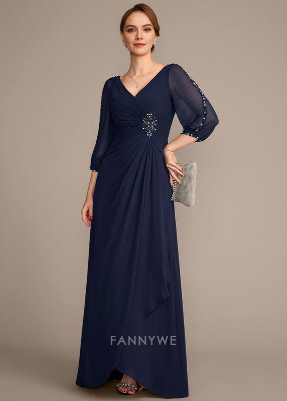 Luxury A-Line V Neck 3/4 Sleeve V back Floor-Length Mother of the Bride Dress