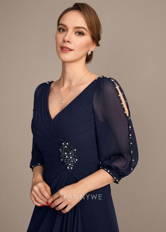 Luxury A-Line V Neck 3/4 Sleeve V back Floor-Length Mother of the Bride Dress