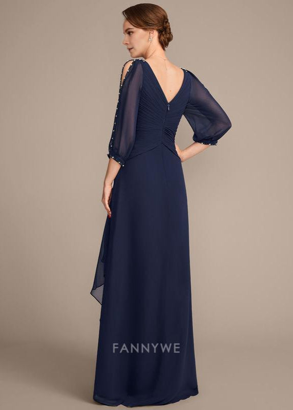 Luxury A-Line V Neck 3/4 Sleeve V back Floor-Length Mother of the Bride Dress