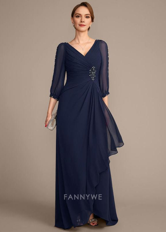 Luxury A-Line V Neck 3/4 Sleeve V back Floor-Length Mother of the Bride Dress