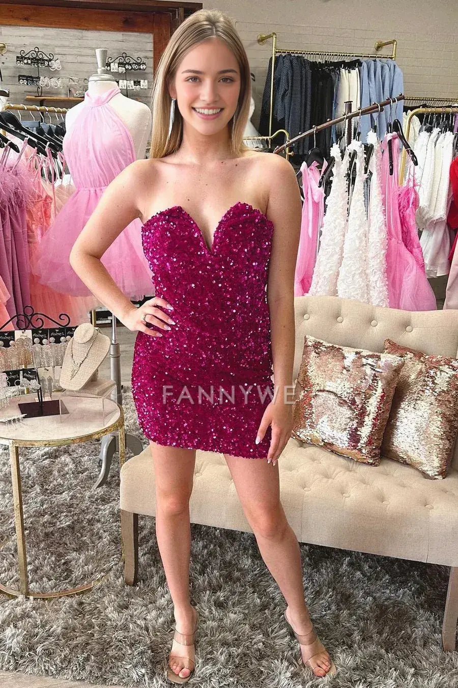 FannyWe Simple Magenta Sequin Strapless Mini Homecoming Dress formal wear dresses
