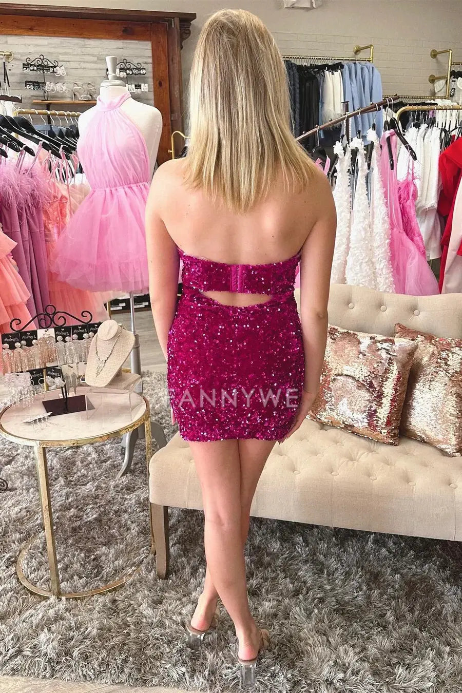 FannyWe Simple Magenta Sequin Strapless Mini Homecoming Dress formal wear dresses