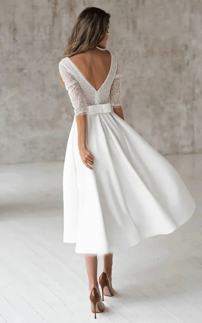 A Line V-neck Tea-length Satin Wedding Dress with Ruching