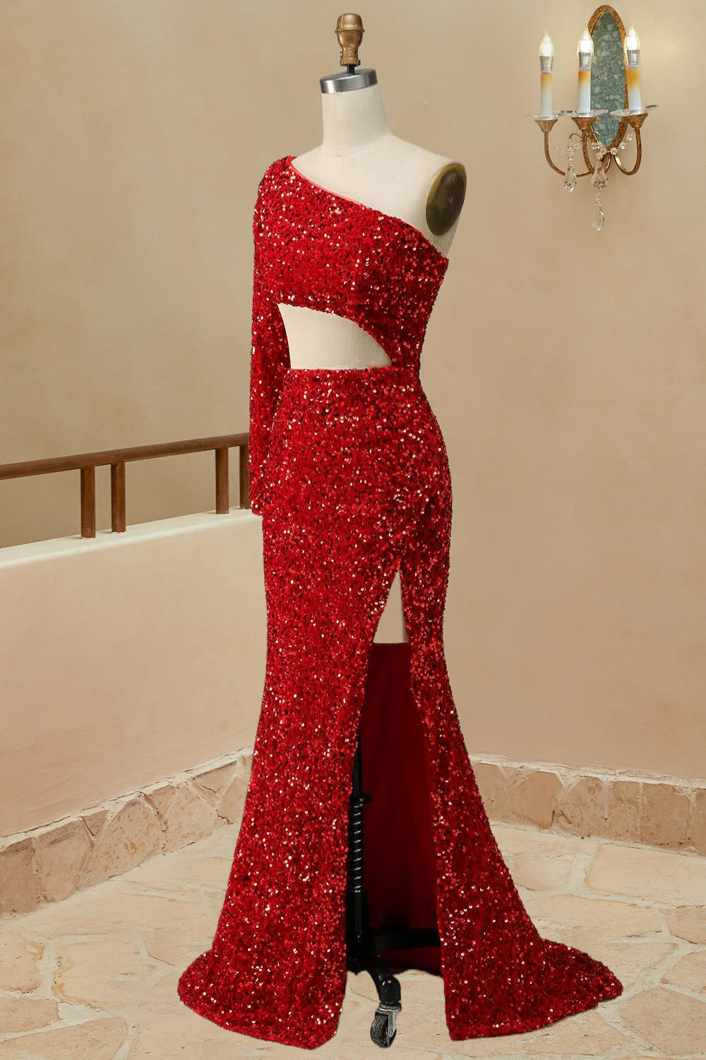 Vestido de fiesta de sirena con un hombro descubierto y lentejuelas y abertura frontal