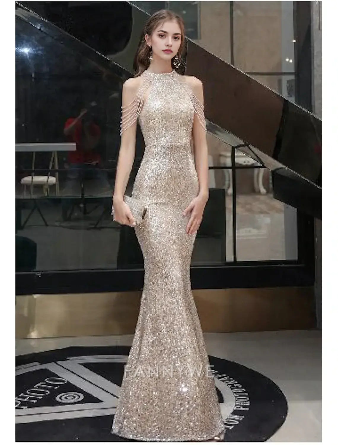 FannyWe Simple Mermaid Gold Dresses Party Dress Sequin Prom Dress Bodycon Engagement Formal Evening Dress Halter Neck Sleeveless Floor Length with Beads Tassel Masquerade Dress dress to impress