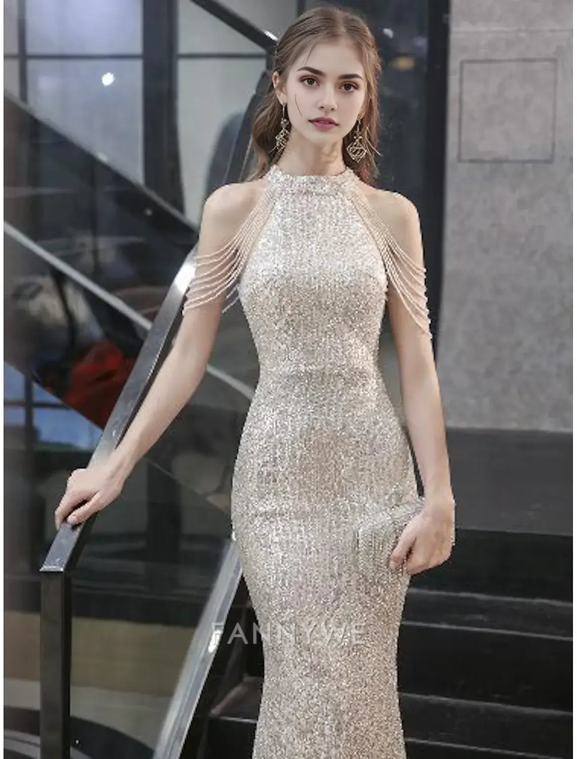 FannyWe Simple Mermaid Gold Dresses Party Dress Sequin Prom Dress Bodycon Engagement Formal Evening Dress Halter Neck Sleeveless Floor Length with Beads Tassel Masquerade Dress dress to impress