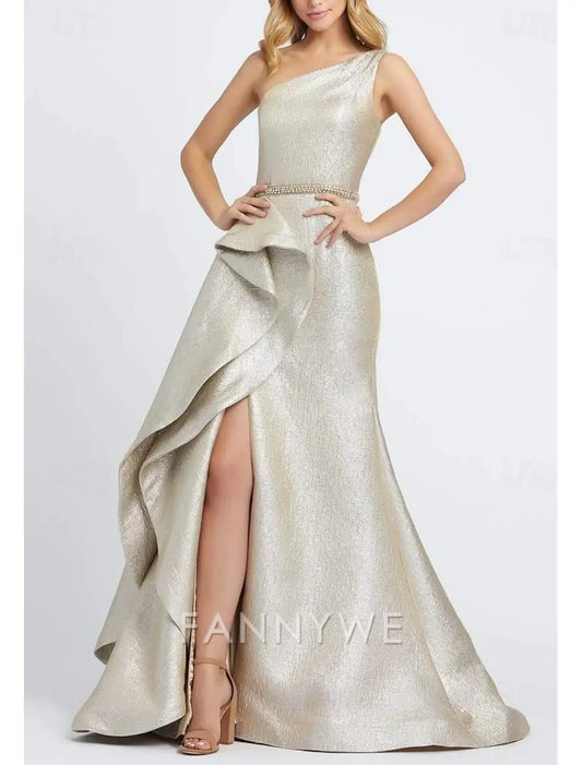 FannyWe Simple Mermaid Prom Dresses Elegant Dress Formal Prom Floor Length Sleeveless One Shoulder Sequined with Ruffles Masquerade Dress Wedding Guest Dress
