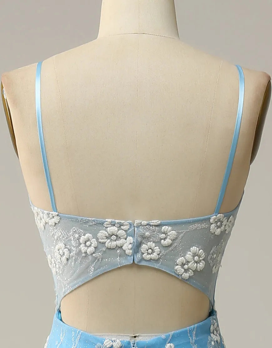 Vestido de fiesta de sirena con tirantes finos, espalda abierta y abertura