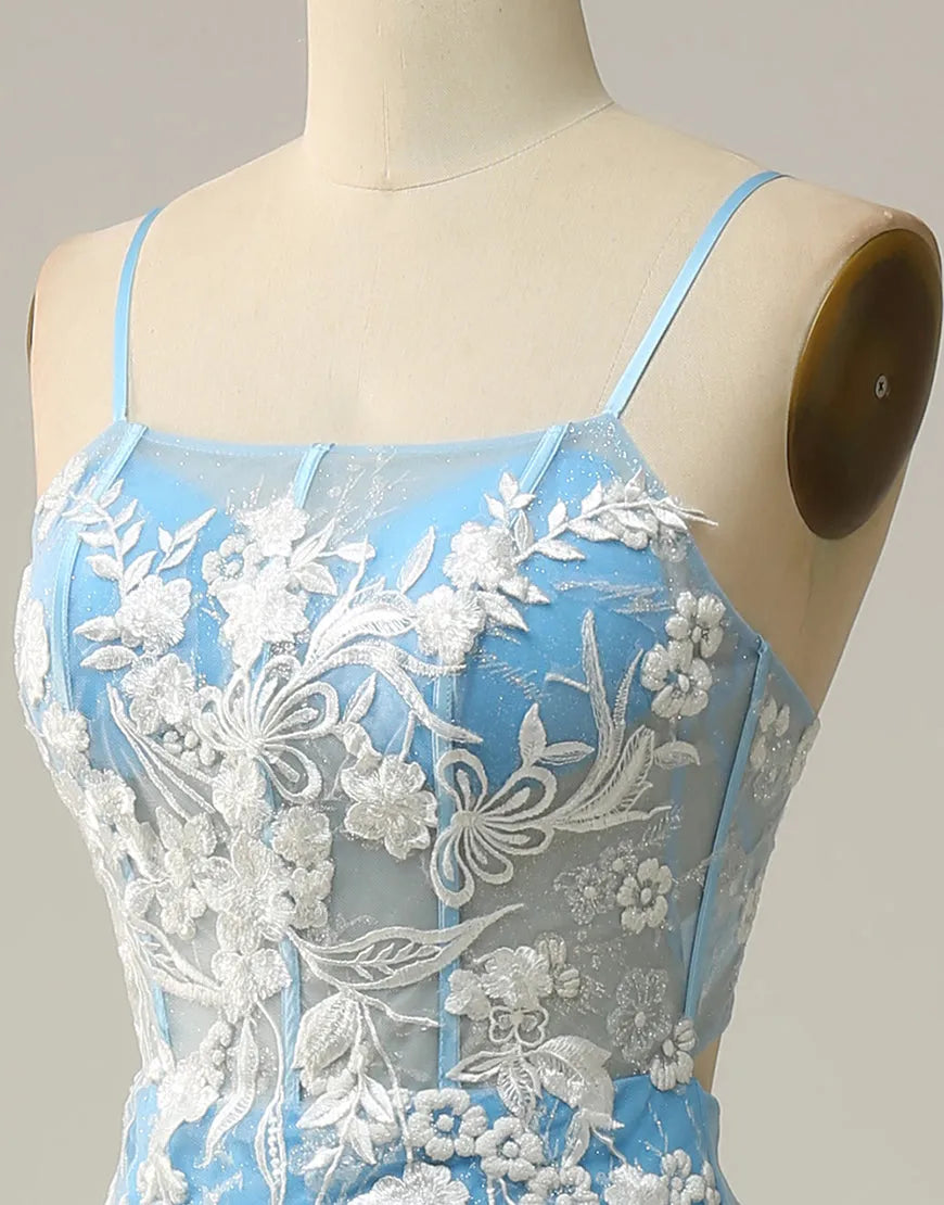 Vestido de fiesta de sirena con tirantes finos, espalda abierta y abertura