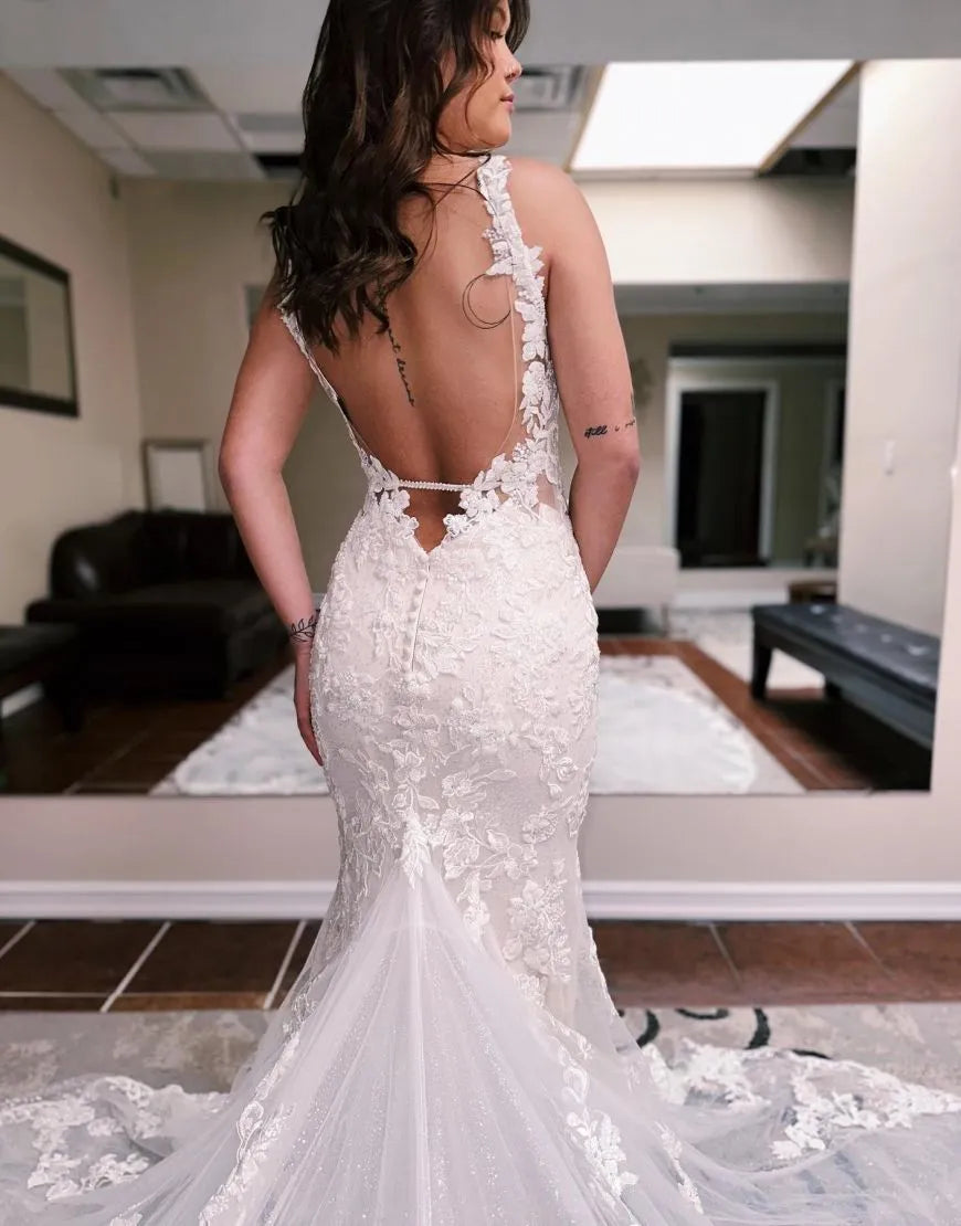 Mermaid Spaghetti Straps Open Back Chapel Train Wedding Dress