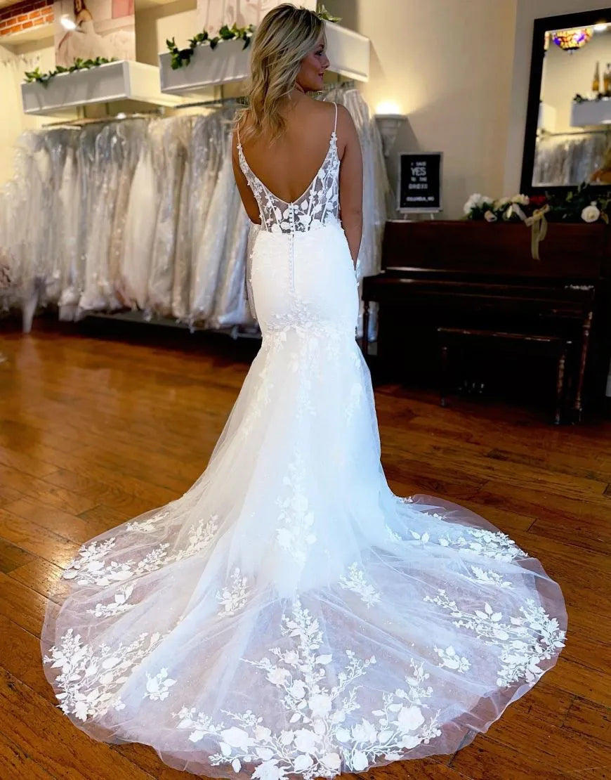 Mermaid Spaghetti Straps Satin Tulle Wedding Dress With Split