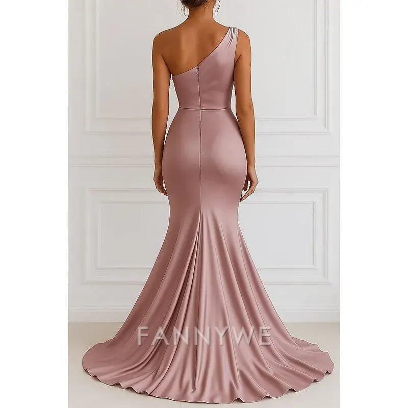 Mermaid / Trumpet Evening Gown Elegant Dress Formal Wedding Floor Length Sleeveless One ShoulderDress Stretch Satin with Pleats