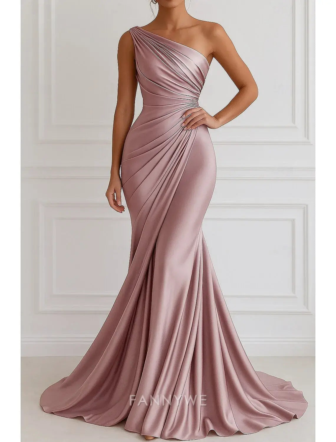 Mermaid / Trumpet Evening Gown Elegant Dress Formal Wedding Floor Length Sleeveless One ShoulderDress Stretch Satin with Pleats