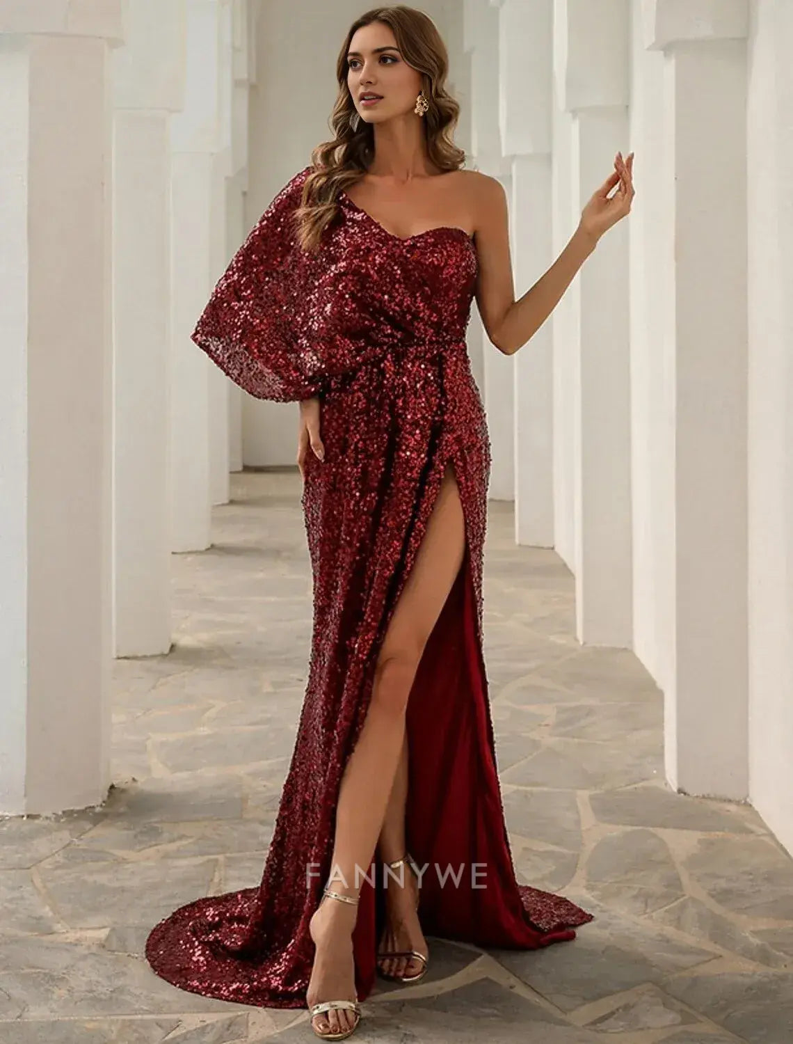 FannyWe Simple Mermaid / Trumpet Party Dress Formal Evening Party Floor Length Sleeveless One Shoulder High Slit with Glitter