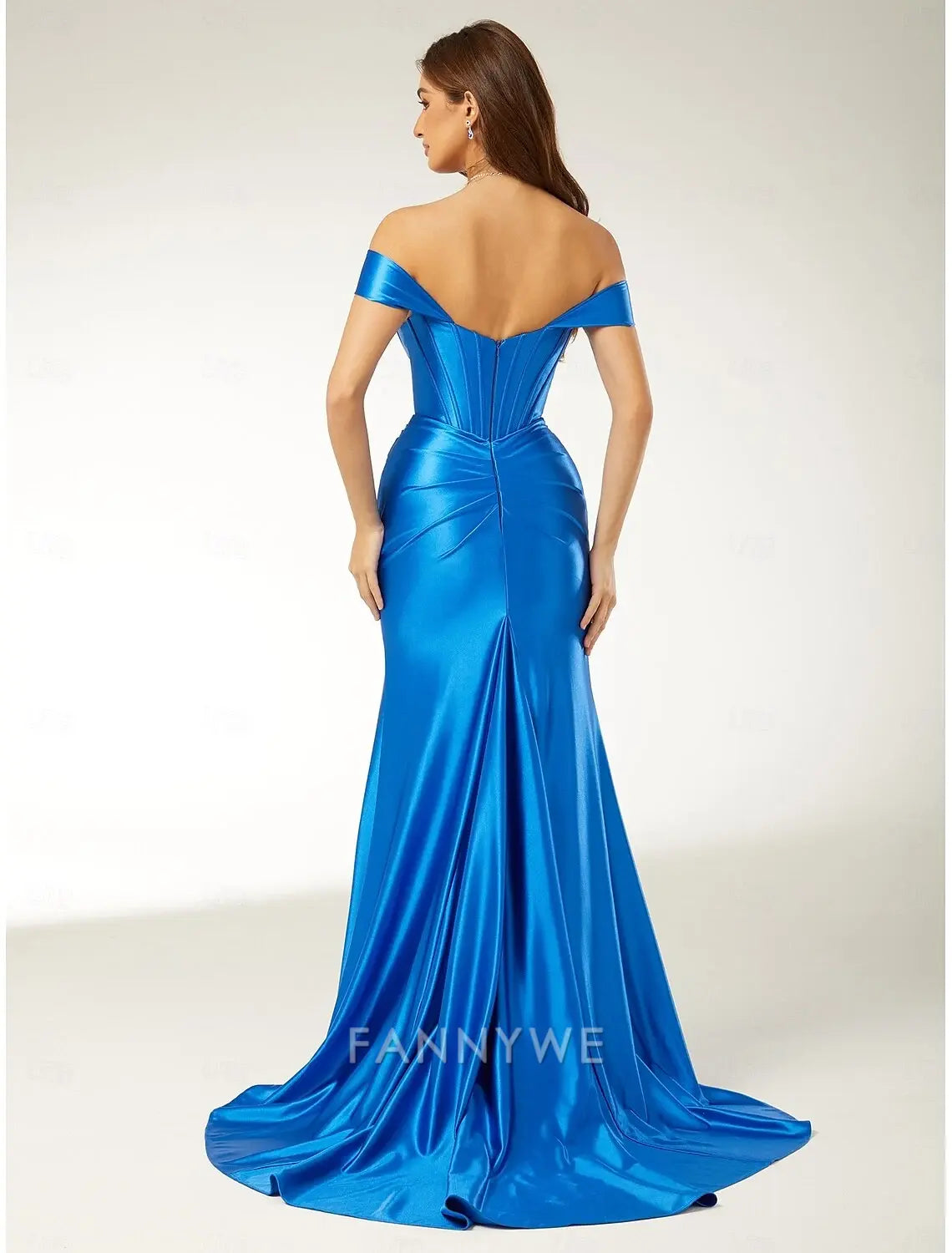 FannyWe Simple Mermaid / Trumpet Prom Dresses Beach Wedding High Split Dress Floor Length Formal Prom Court Train Short Sleeve Off Shoulder Satin with Slit