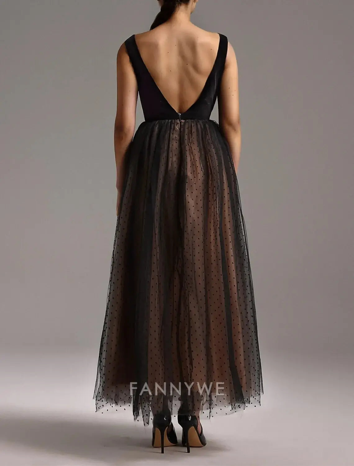 FannyWe Simple Mermaid / Trumpet Prom Dresses Black Dress Dress Evening Party Prom Ankle Length Sleeveless V Neck Lace Backless with Overskirt Embroidery