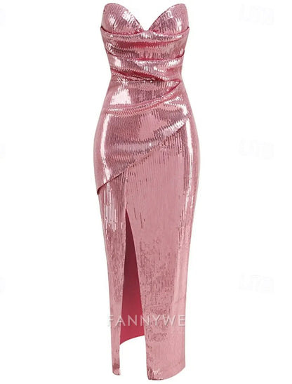 FannyWe Vestidos de fiesta sencillos de sirena/trompeta Vestido elegante Vestido formal de fiesta Largo hasta el suelo Sin mangas Escote en forma de corazón Con lentejuelas y abertura fruncida 