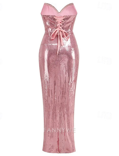 FannyWe Vestidos de fiesta sencillos de sirena/trompeta Vestido elegante Vestido formal de fiesta Largo hasta el suelo Sin mangas Escote en forma de corazón Con lentejuelas y abertura fruncida 