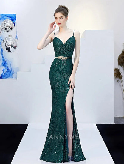FannyWe Simple Mermaid / Trumpet Prom Dresses Elegant Dress Formal Wedding Floor Length Sleeveless Jewel Neck Sequined with Glitter Tassel