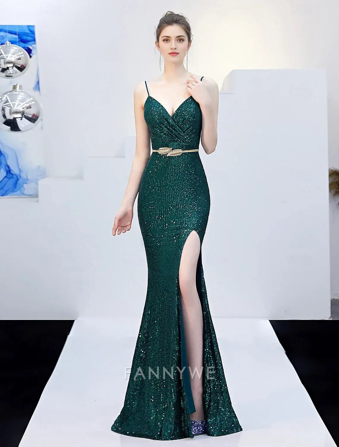 FannyWe Simple Mermaid / Trumpet Prom Dresses Elegant Dress Formal Wedding Floor Length Sleeveless Jewel Neck Sequined with Glitter Tassel