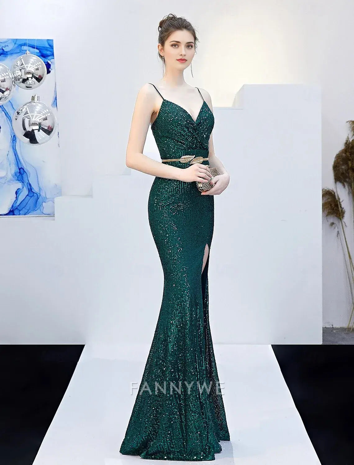 FannyWe Simple Mermaid / Trumpet Prom Dresses Elegant Dress Formal Wedding Floor Length Sleeveless Jewel Neck Sequined with Glitter Tassel