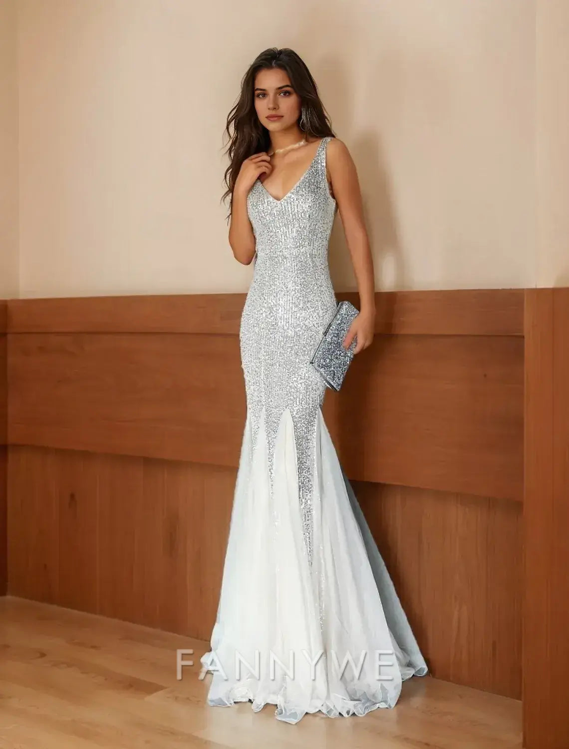 FannyWe Simple Mermaid / Trumpet Prom Dresses Elegant Dress Formal Wedding Floor Length Sleeveless V Neck Sequined with Glitter Tassel