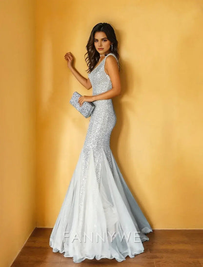 FannyWe Simple Mermaid / Trumpet Prom Dresses Elegant Dress Formal Wedding Floor Length Sleeveless V Neck Sequined with Glitter Tassel