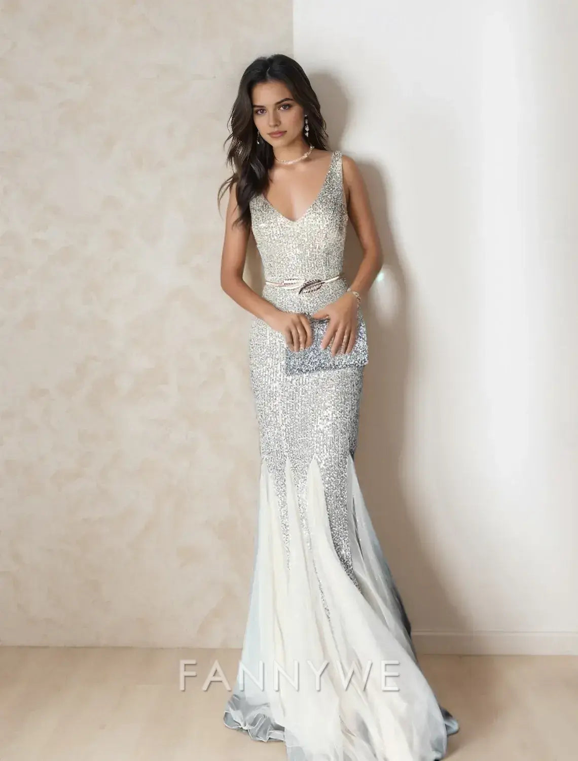FannyWe Simple Mermaid / Trumpet Prom Dresses Elegant Dress Formal Wedding Floor Length Sleeveless V Neck Sequined with Glitter Tassel