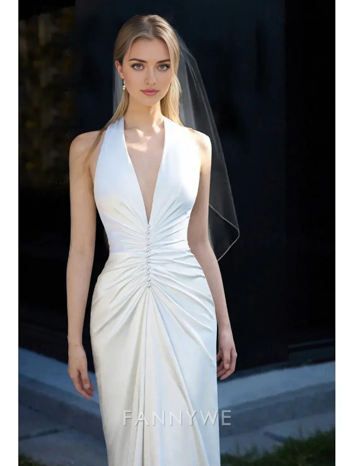 FannyWe Simple Mermaid / Trumpet Prom Dresses Elegant Dress Wedding Sweep / Brush Train Sleeveless V Neck Chiffon Satin with Pearls